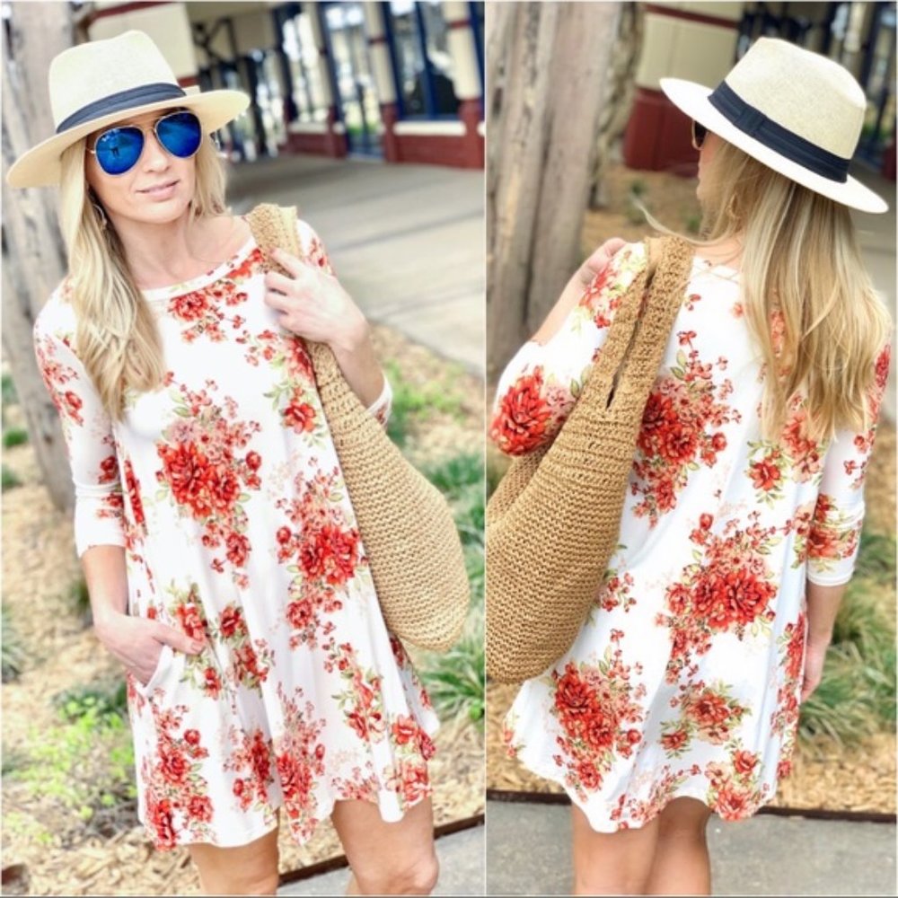FEELING SO RIGHT SHORT FLORAL SWING DRESS-IVORY - Picture 3 of 4